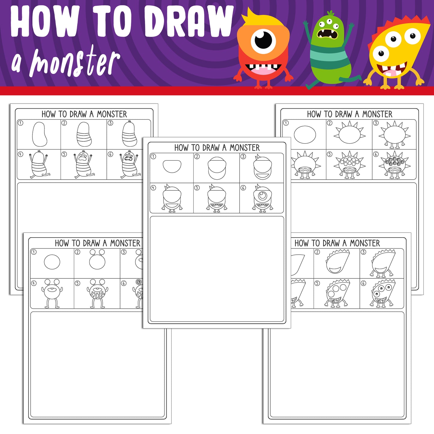 Learn How to Draw a Monster Easy: Directed Drawing Step by Step Tutorial, Includes 5 Coloring Pages, PDF File, Instant Download.