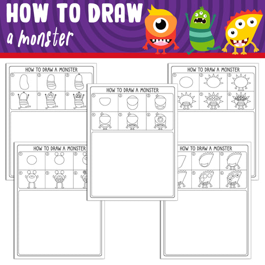 Learn How to Draw a Monster Easy: Directed Drawing Step by Step Tutorial, Includes 5 Coloring Pages, PDF File, Instant Download.