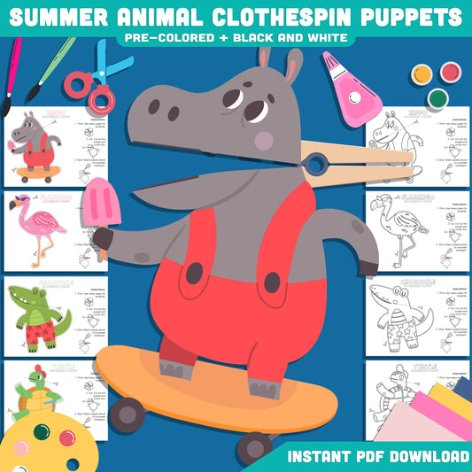 Printable Summer Animal Clothespin Puppets: 8-Page Fun Craft for Kids with Hippo, Crocodile, Turtle & Flamingo, Great for Dramatic Play, Pre-Colored & Black & White Versions, Instant PDF Download