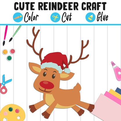 Reindeer Paper Craft: Color, Cut, and Glue, a Fun Activity for Pre K to 2nd Grade, PDF Instant Download