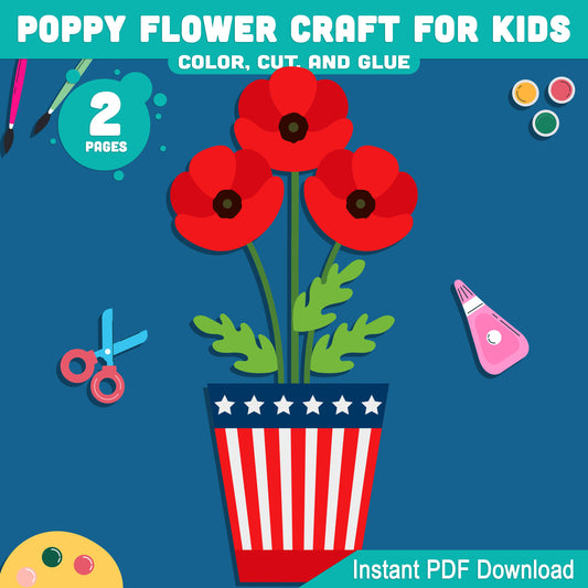 Veterans & Memorial Day Craft for Kids – Printable Poppy Flower to Color, Cut & Glue with Pre-Colored and Black & White Options, Instant PDF