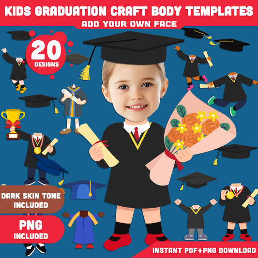 Kids Graduation Craft Activity: 20 Printable Body Templates for Pre-K to Kindergarten, Add Your Own Face for a Fun Graduation Project, Light + Dark Skin Tone, PDF + PNG