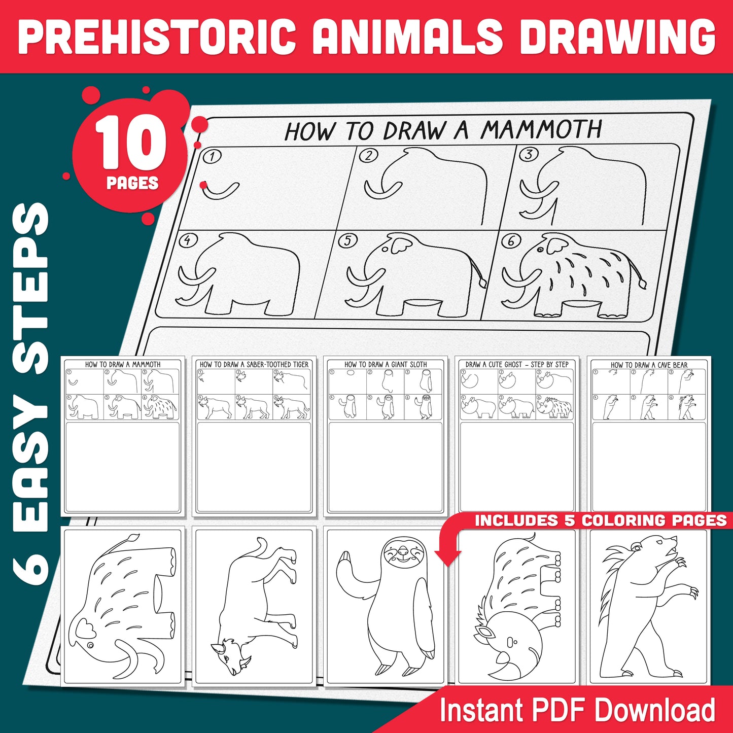 Prehistoric Animals Directed Drawing Worksheets, Mammoth, Saber-Toothed Tiger, Giant Sloth, Woolly Rhino, Cave Bear for Kids