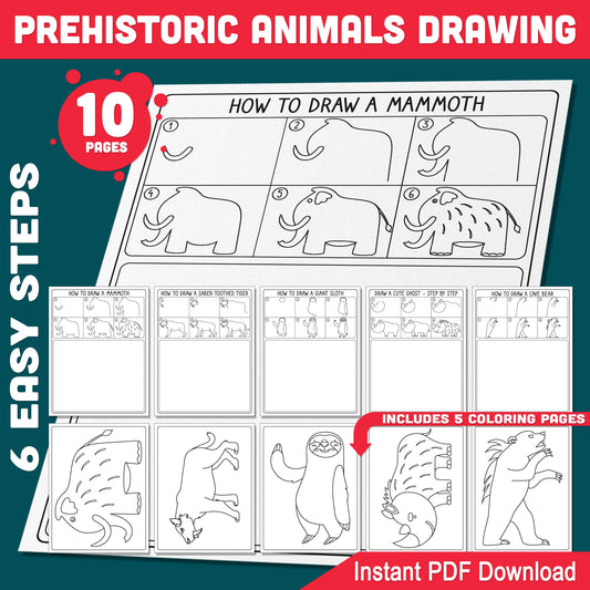 Prehistoric Animals Directed Drawing Worksheets, Mammoth, Saber-Toothed Tiger, Giant Sloth, Woolly Rhino, Cave Bear for Kids