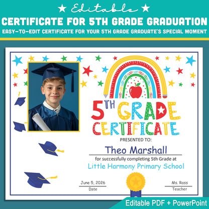 Customizable 5th Grade Certificate Template with Photo: Editable PDF & PowerPoint for Graduation, Recognition Awards, and Milestone Achievements