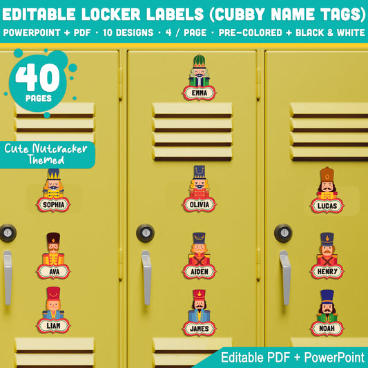 Editable Locker Labels (Cubby Name Tags), Cute Christmas Nutcracker Themed, 8.5x11", 4/Page, Pre-Colored + Black & White, PDF + PowerPoint, Perfect for School or Christmas Projects