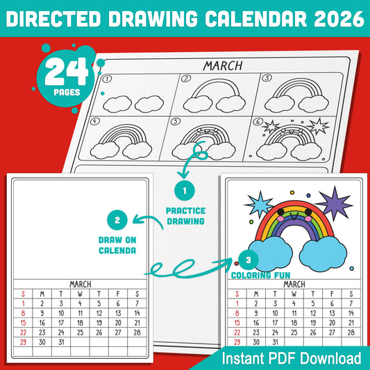 How to Draw Calendar 2026: 12 Months of Directed Drawing Fun, Perfect Christmas Gift for Parents & Kids, Printable PDF Download