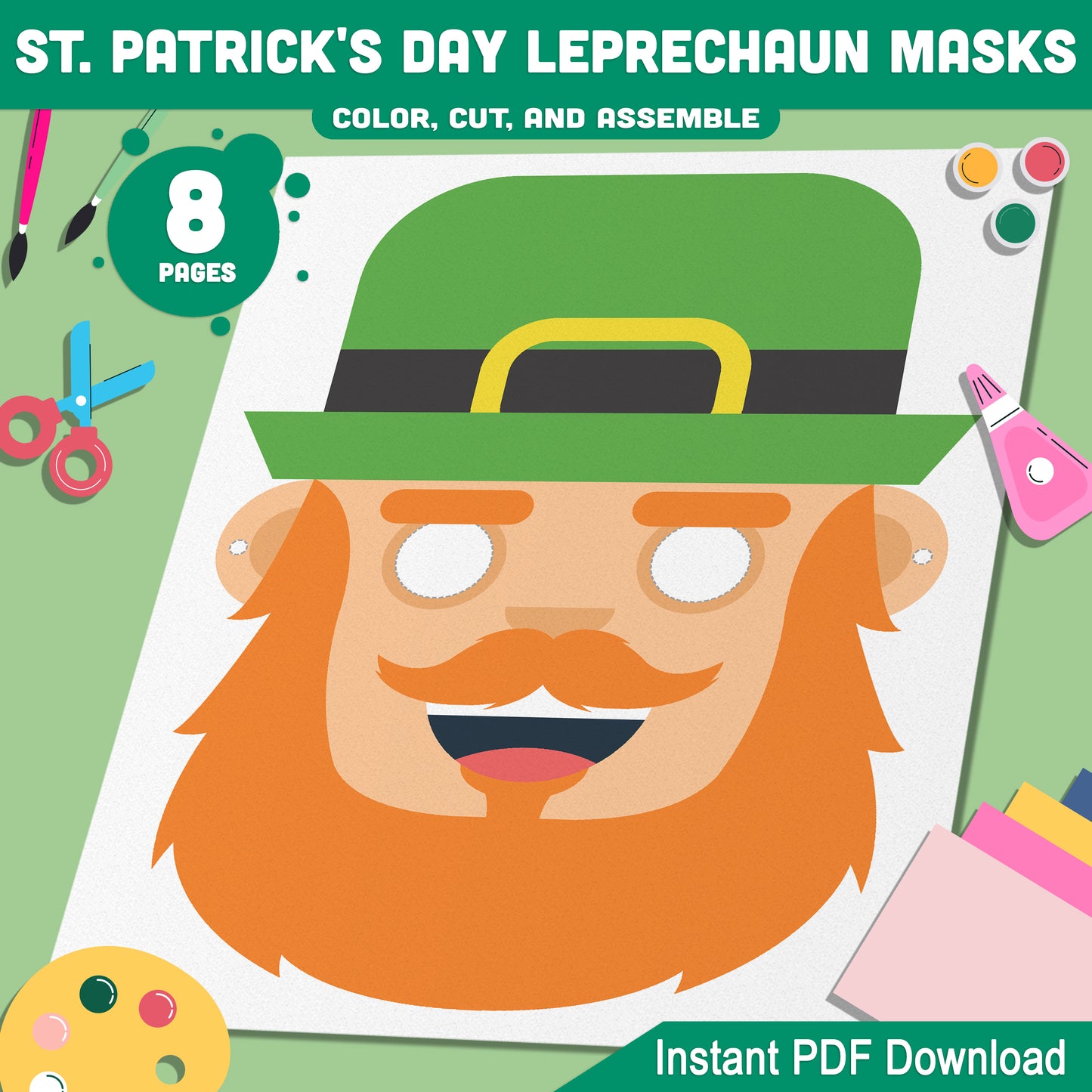 St. Patrick's Day Craft for Kids: Leprechaun Mask Templates with 4 Festive Designs to Color, Cut, and Assemble, Instant Download, PDF File