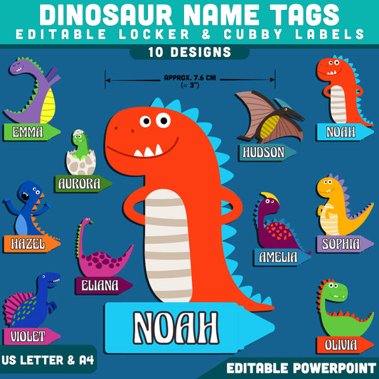 Dinosaur Student Name Tags, Editable Locker & Cubby Labels, Fun Classroom Labels for Student Spaces, PowerPoint Template, 10 Designs, US Letter, A4