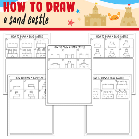 Learn How to Draw a Sand Castle: Directed Drawing Step by Step Tutorial, Includes 5 Coloring Pages, PDF File, Instant Download.