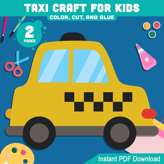 DIY Taxi Paper Craft: Easy Color, Cut, and Glue Activity for PreK to 2nd Grade, Perfect for Transportation Theme Lessons, PDF Download