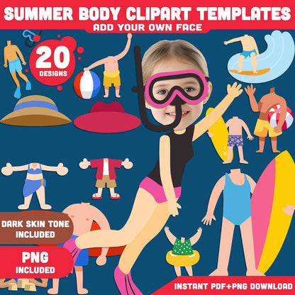 Printable Summer Body Clipart Templates: Add Your Photo, Tropical Beach Cutouts for Kids’ DIY Dress-Up Fun, Easy Craft Project, Light + Dark Skin Tone, PDF + PNG