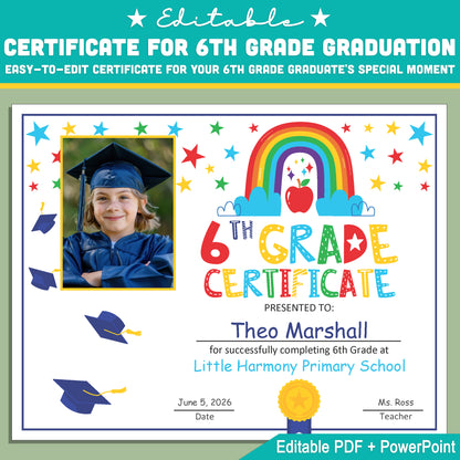 Customizable 6th Grade Certificate Template with Photo: Letter Size PDF & PowerPoint for Graduation, Achievement, and Special Recognition