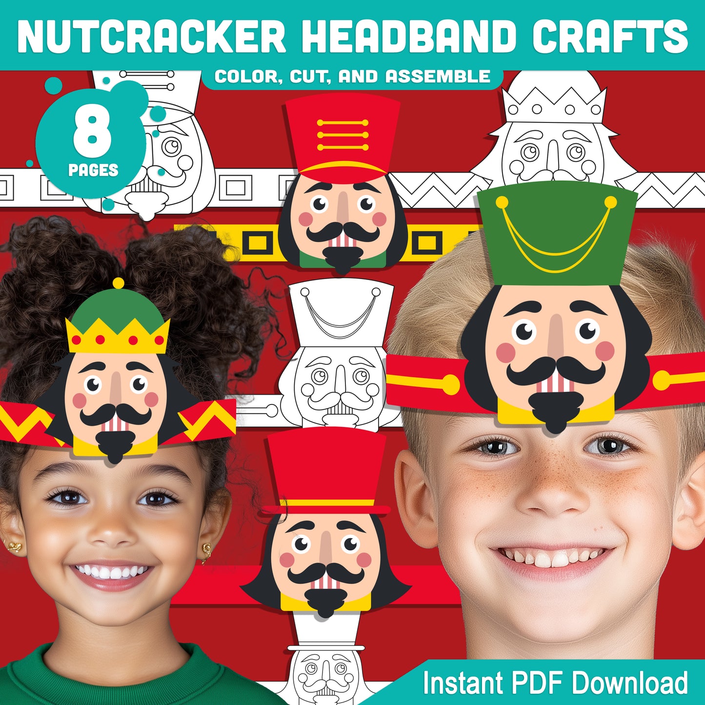 Printable Nutcracker Headband Crafts, Christmas Hat and Paper Crown Activity, Cut, Color & Assemble, Holiday Craft for Kids, 4 Fun Designs, Pre-color + Black & White PDF
