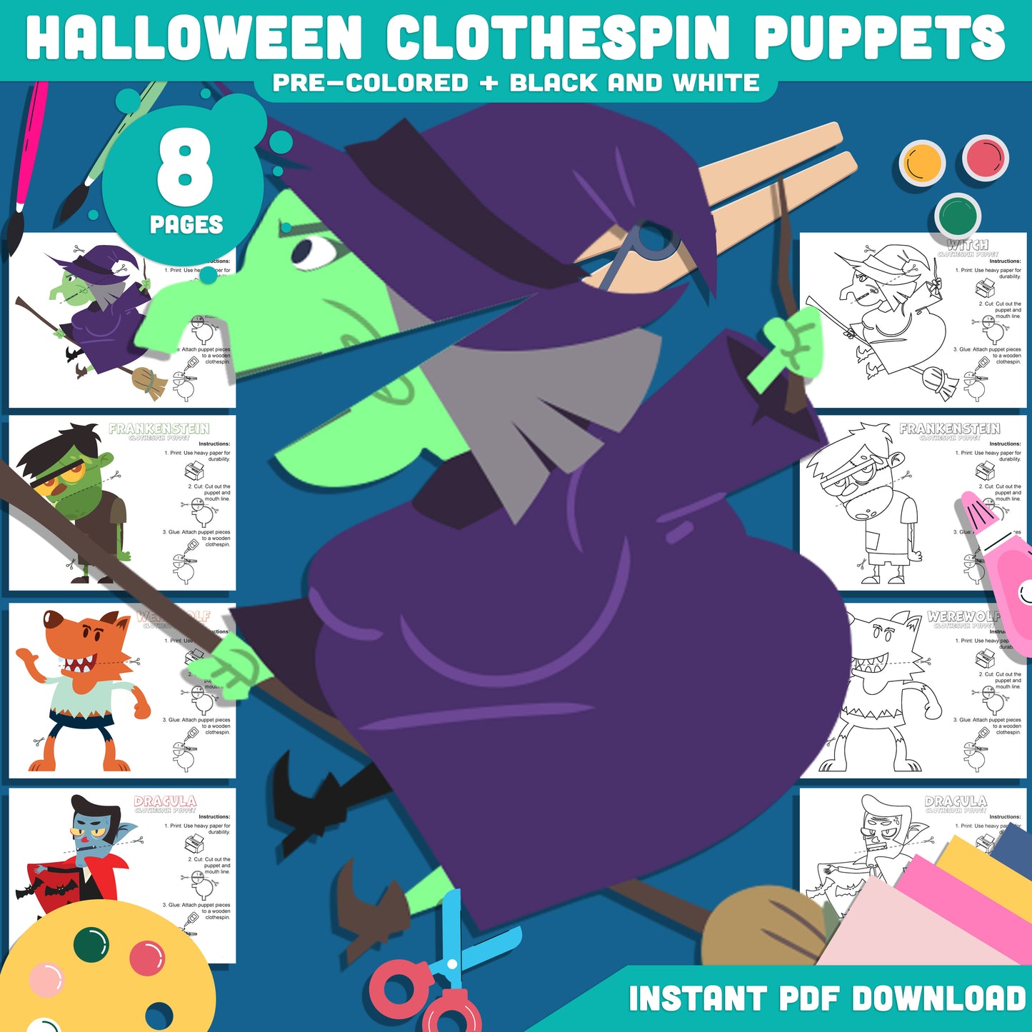 Halloween Clothespin Puppets: 8-Page Kids Printable Craft with 4 Characters, Frankenstein, Witch, Dracula, Werewolf, Black & White + Color PDF