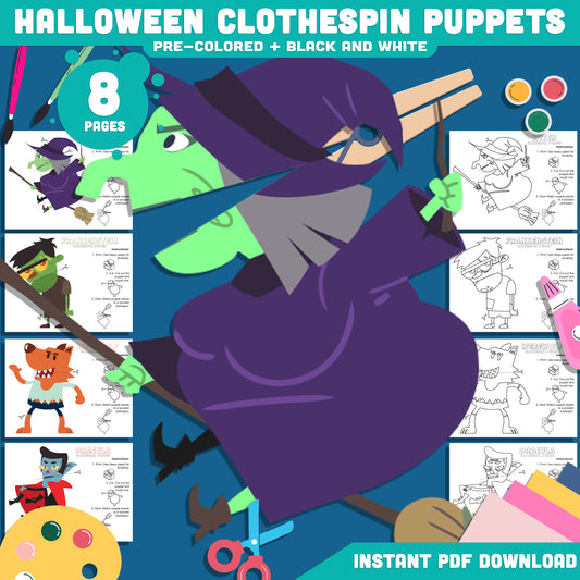 Halloween Clothespin Puppets: 8-Page Kids Printable Craft with 4 Characters, Frankenstein, Witch, Dracula, Werewolf, Black & White + Color PDF