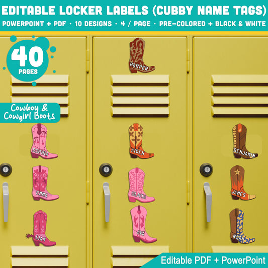 Editable Name Tags, Cowboy and Cowgirl Boots Theme – 10 Fun Designs, 4 per Page, PDF + PowerPoint, Black & White Included