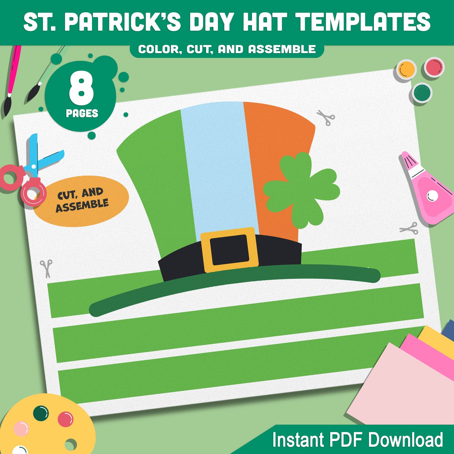 St. Patrick’s Day Hat Craft for Kids: 4 Creative Templates to Color, Cut, and Assemble in Color and Black-and-White, PDF Instant Download