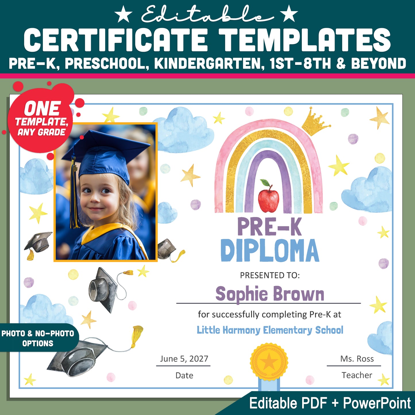 Pre K Diplomas, Editable Awards and Certificates, Graduation Template for Preschool & Beyond, With and Without Photo, PDF PowerPoint