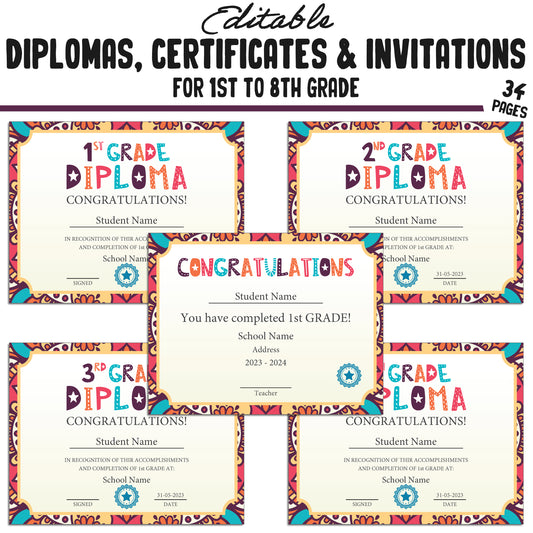 Editable 8th Grade Diplomas, 1st-8th Grade Certificates, and Invitation Templates in Tribal Mandala Design - 34 Pages, PDF Instant Download
