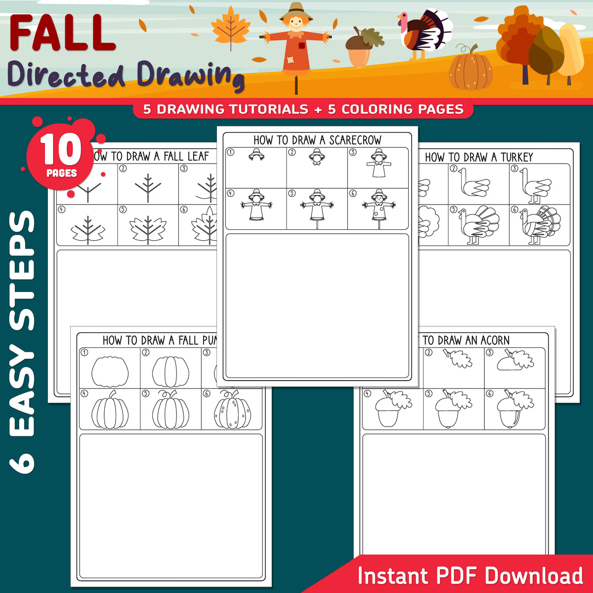 Fall Directed Drawing, Learn to Draw Scarecrow, Pumpkin, Acorn, Leaf & Turkey, 6-Step Printable Art Activity, 5 Coloring Pages, A4, US Letter