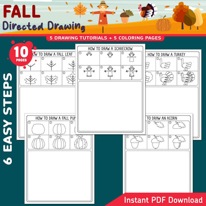 Fall Directed Drawing, Learn to Draw Scarecrow, Pumpkin, Acorn, Leaf & Turkey, 6-Step Printable Art Activity, 5 Coloring Pages, A4, US Letter
