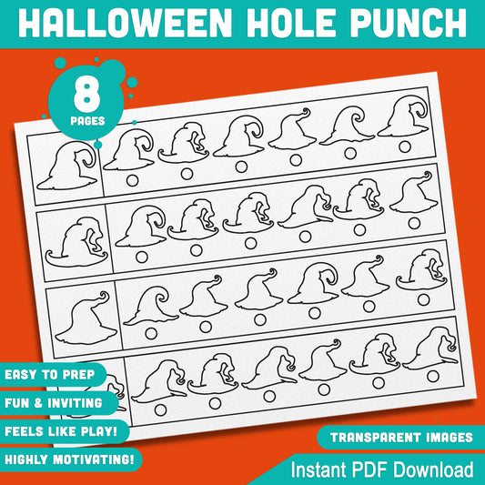 Halloween Hole Punch Activity: Cute and Fun Fine Motor Skills Development for Kids, 8 Pages with 4 Strips per Page, PDF Instant Download