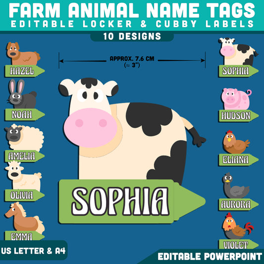 Farm Animal Name Tags, Editable Locker & Cubby Labels, Student Space Organization, PowerPoint, 10 Designs, Classroom Setup, US Letter, A4