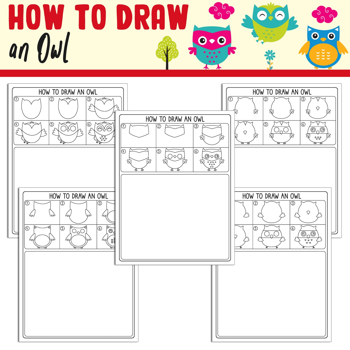 Learn How to Draw an Owl: Directed Drawing Step by Step Tutorial, Includes 5 Coloring Pages, PDF File, Instant Download.