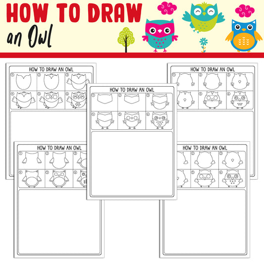 Learn How to Draw an Owl: Directed Drawing Step by Step Tutorial, Includes 5 Coloring Pages, PDF File, Instant Download.