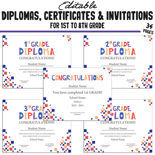 34 Editable First Grade Completion Certificate, 1st-8th Grade Diplomas & Invitation Templates, Simple Abstract-Themed, PDF Instant Download