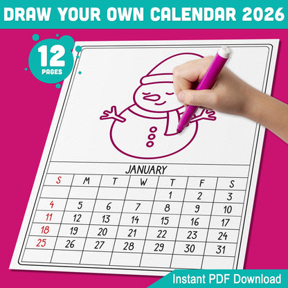 DIY Calendar 2026 for Kids: 12-Month Blank Templates to Personalize with Artwork, 8.5x11 Inches, PDF Instant Download