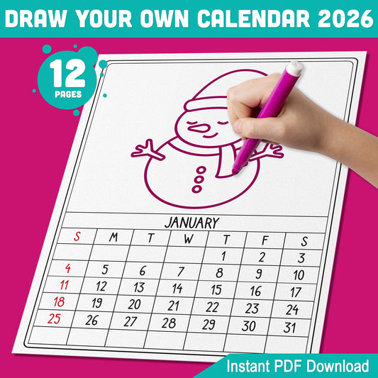 DIY Calendar 2026 for Kids: 12-Month Blank Templates to Personalize with Artwork, 8.5x11 Inches, PDF Instant Download