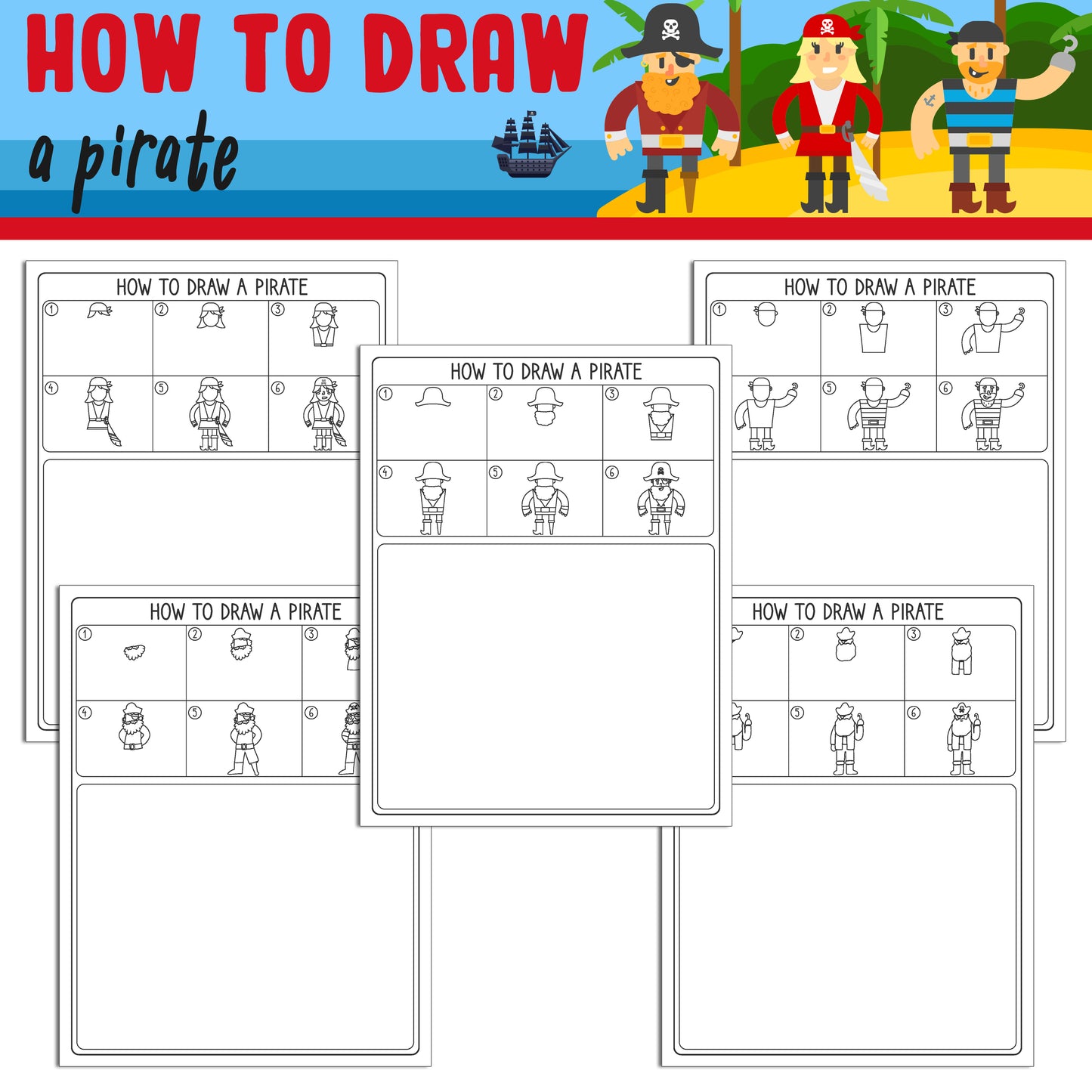 Learn How to Draw a Pirate Easy: Directed Drawing Step by Step Tutorial, Includes 5 Coloring Pages, PDF File, Instant Download.