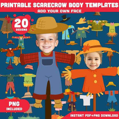 Printable Scarecrow Body Templates for Kids, 20 Unique Halloween Designs, PDF + PNG, 8.5x11, Cut & Paste Face Craft for Classroom, Homeschool, and Dramatic Play