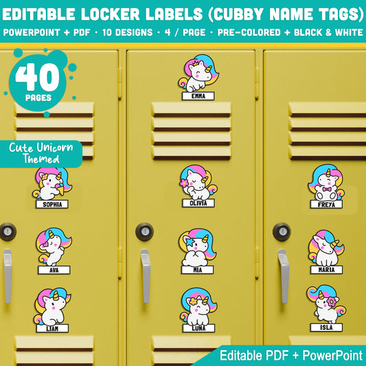 Editable Locker Labels (Cubby Name Tags), Cute Unicorn Themed, 40 Pages, PDF + PowerPoint, Back to School, Instant Download