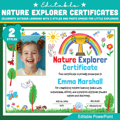 Editable Nature Explorer Certificates – 2 Styles, Nature-themed Awards with Photo Spots