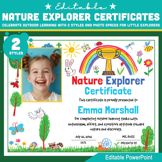 Editable Nature Explorer Certificates – 2 Styles, Nature-themed Awards with Photo Spots