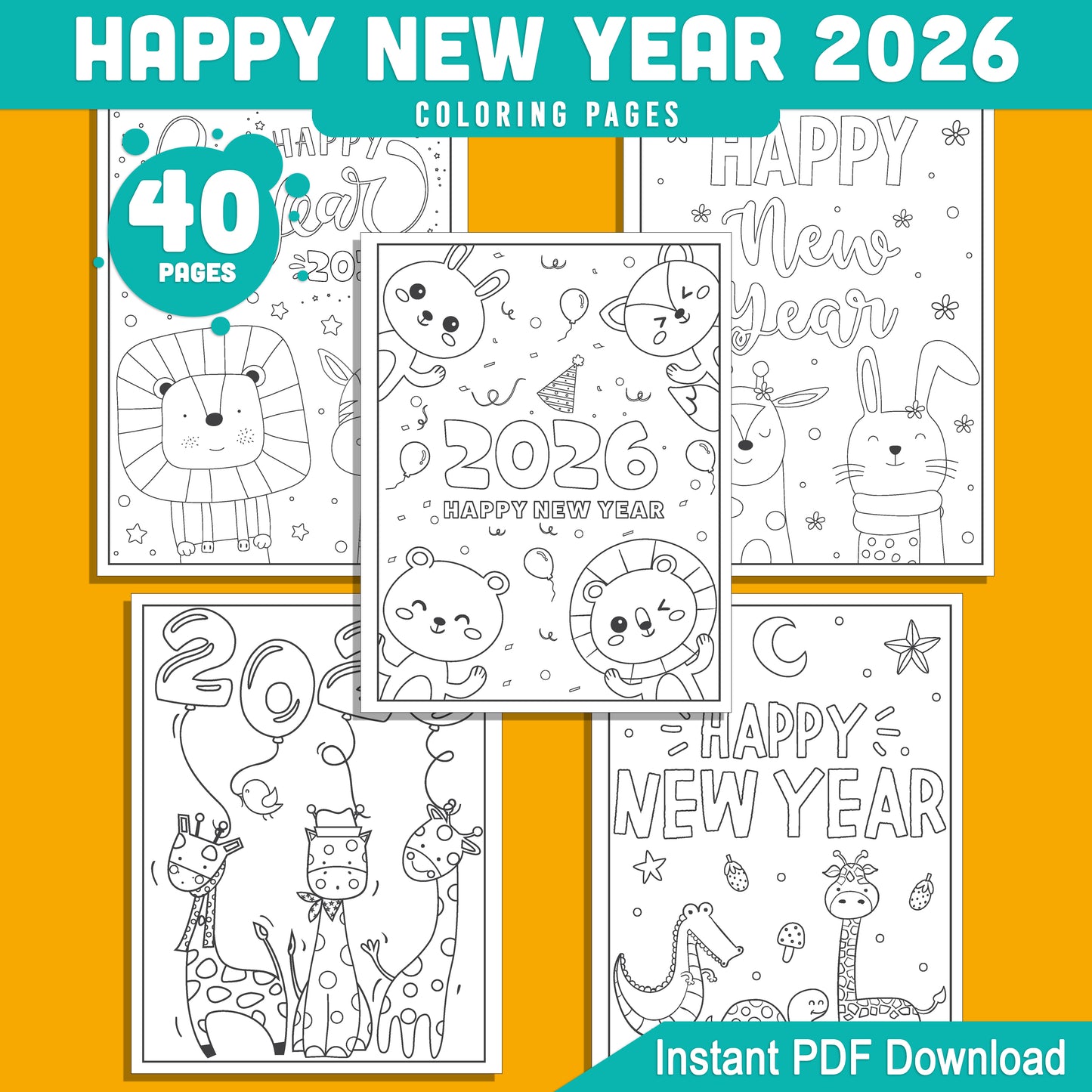 Kids' 2026 New Year Coloring Pages: 40 Funny Animal Prints for Holiday Fun, Creative Printable Activities, PDF Instant Download
