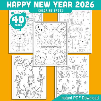 Kids' 2026 New Year Coloring Pages: 40 Funny Animal Prints for Holiday Fun, Creative Printable Activities, PDF Instant Download
