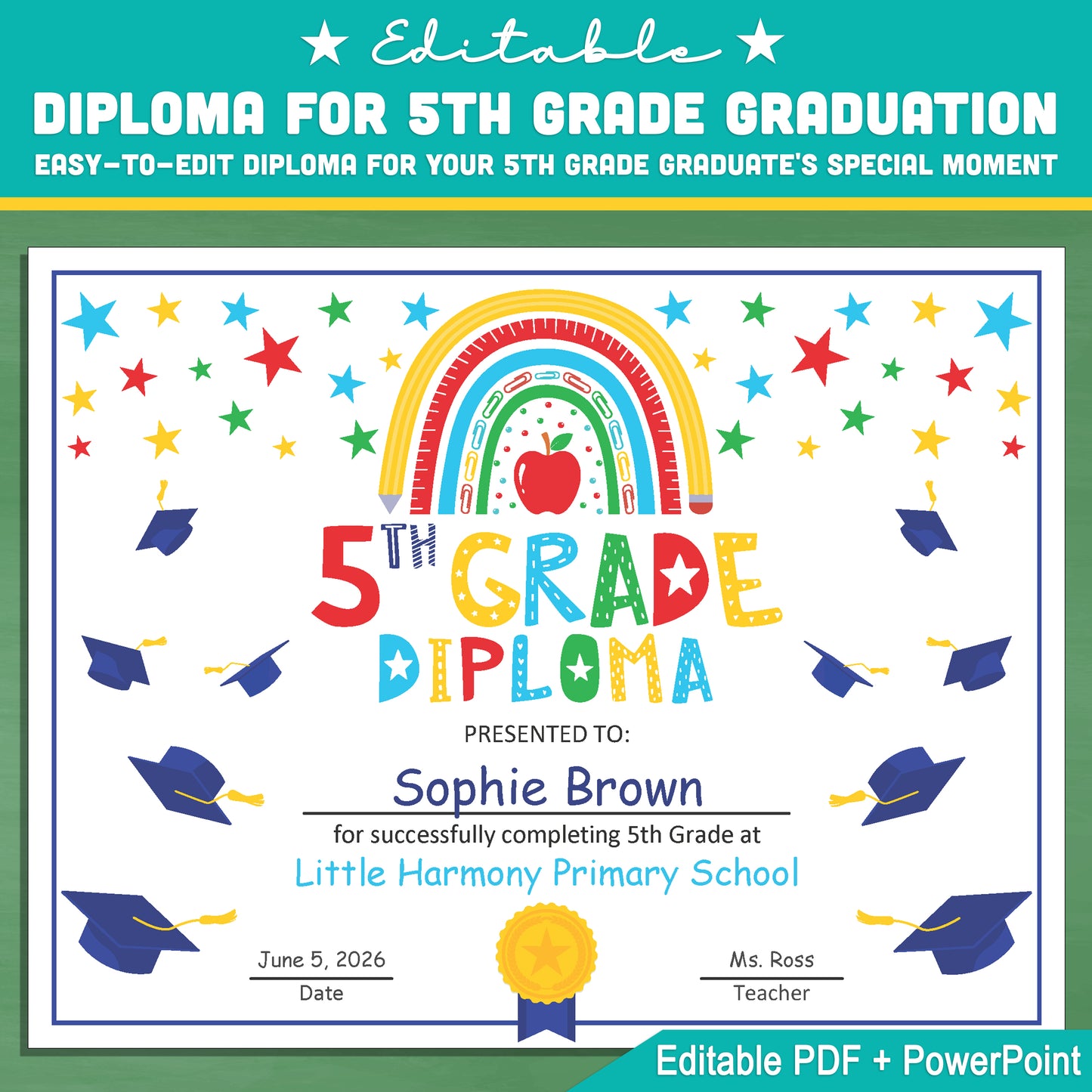 Customizable 5th Grade Diploma Template: Letter Size PDF & PowerPoint for Recognition Awards, Graduation Events, and Memorable Achievements