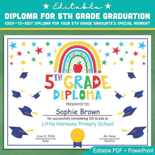 Customizable 5th Grade Diploma Template: Letter Size PDF & PowerPoint for Recognition Awards, Graduation Events, and Memorable Achievements