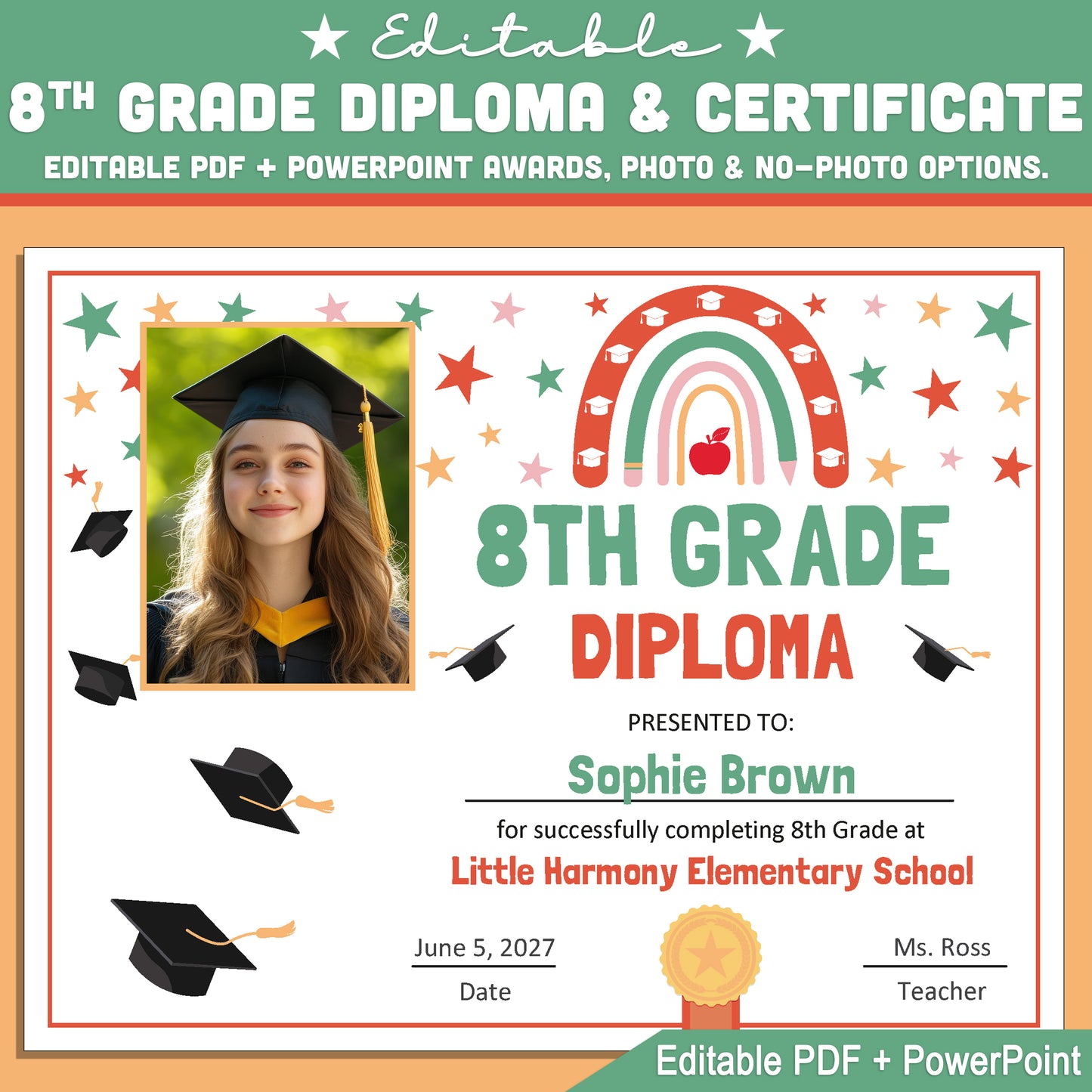 Editable 8th Grade Graduation Diploma & Certificate Set, Retro Rainbow Stars Theme, 8.5x11 Awards, Photo and No-Photo Options, PDF, PowerPoint