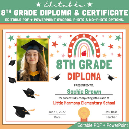 Editable 8th Grade Graduation Diploma & Certificate Set, Retro Rainbow Stars Theme, 8.5x11 Awards, Photo and No-Photo Options, PDF, PowerPoint