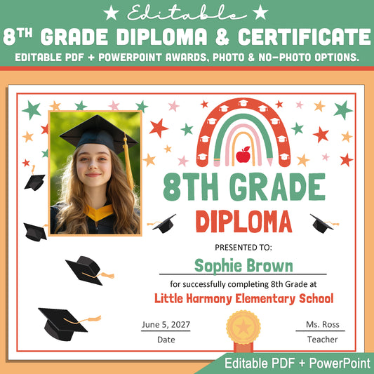 Editable 8th Grade Graduation Diploma & Certificate Set, Retro Rainbow Stars Theme, 8.5x11 Awards, Photo and No-Photo Options, PDF, PowerPoint