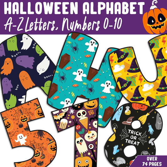 Spooky Halloween Alphabet & Numbers: A-Z Letters, 0-10, Bulletin Board Decor, 1 & 2 Per Page