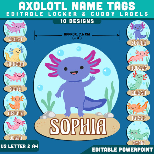 Axolotl Classroom Name Tags, Student Desk & Locker Decor, Editable PowerPoint, Cubby Labels, 10 Designs, US Letter & A4