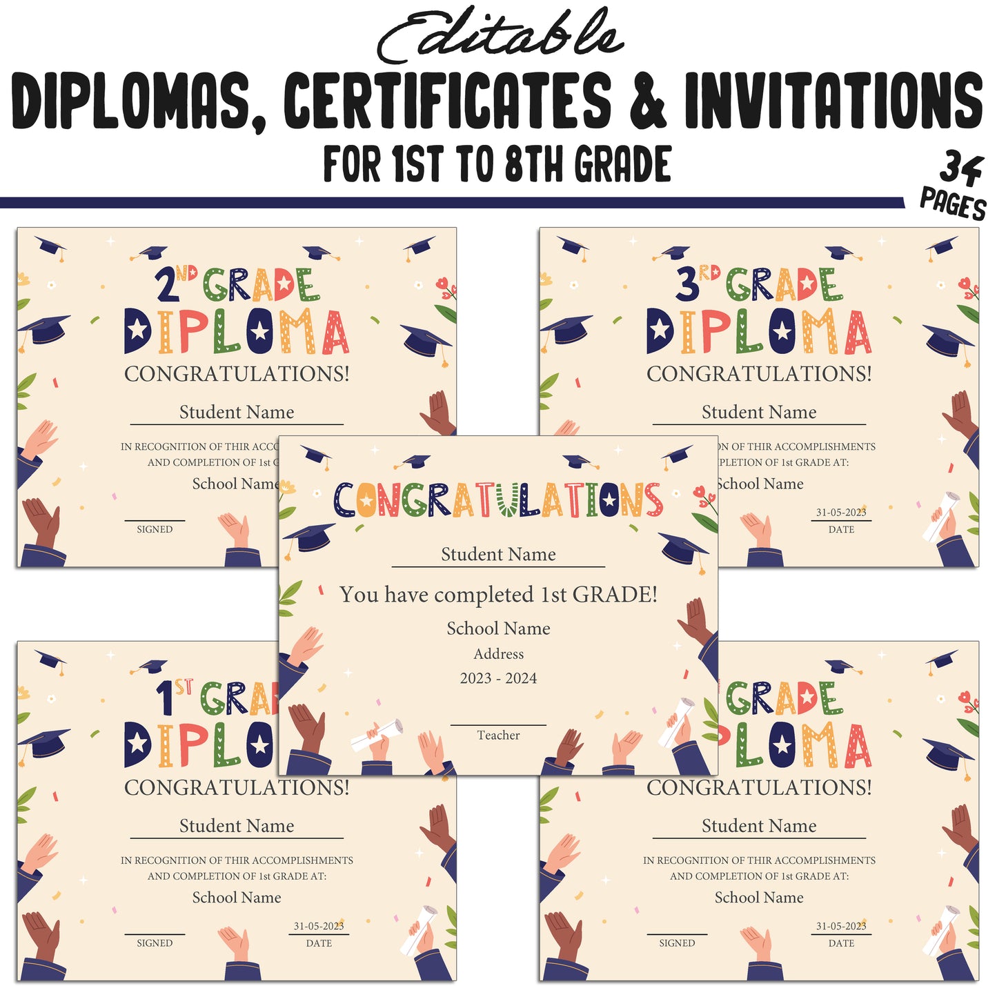 34 Editable/Printable First Grade Diplomas, 1st-8th Grade Certificates, Diplomas & Invitation Templates, Graduation-Themed, PDF