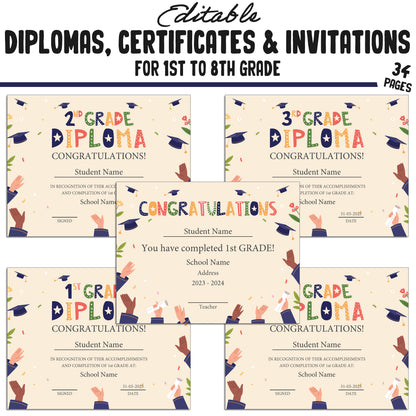 34 Editable/Printable First Grade Diplomas, 1st-8th Grade Certificates, Diplomas & Invitation Templates, Graduation-Themed, PDF