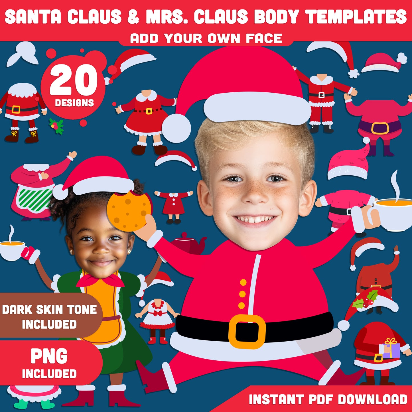 Printable Santa Claus & Mrs. Claus Body Templates, Add Your Face Winter Craft, 20 Designs Light + 20 Designs Dark Skin Tone, Christmas Classroom or Home Activity, PDF+PNG